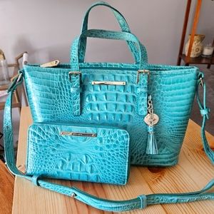 Brahmin Asher Turquoise Satchel Shoulder Crossbody Handbag Purse matching wallet